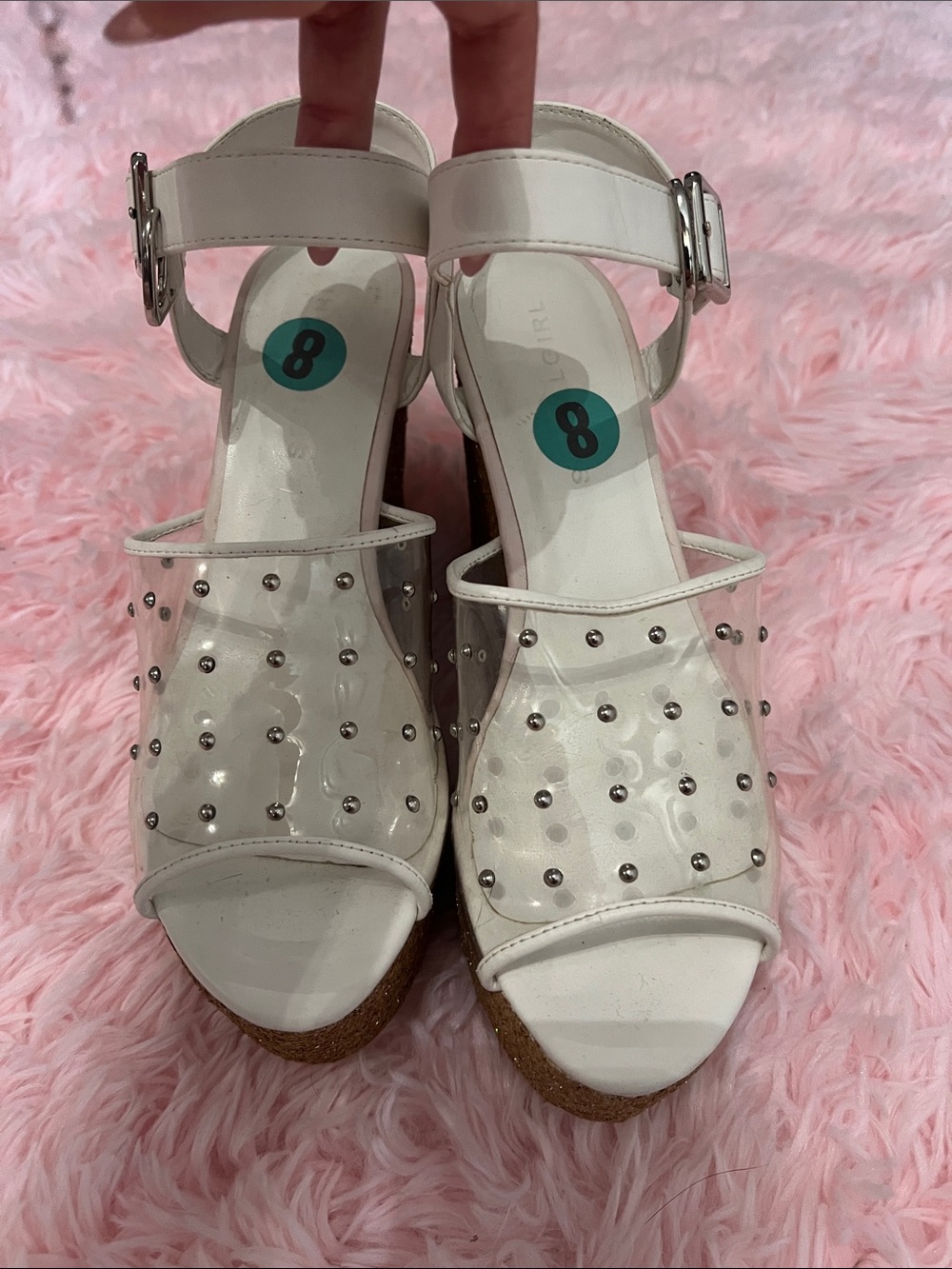 White Studded Clear-Strap Wedge Sandals - Women's never worn